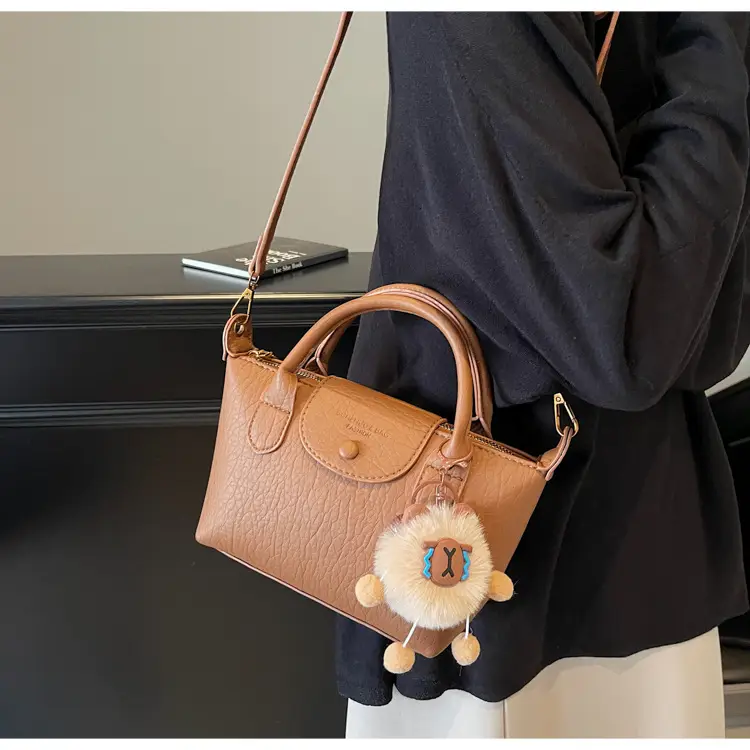 Brown Crossbody Bag with Faux Fur Pom Pom Charm — feature 15