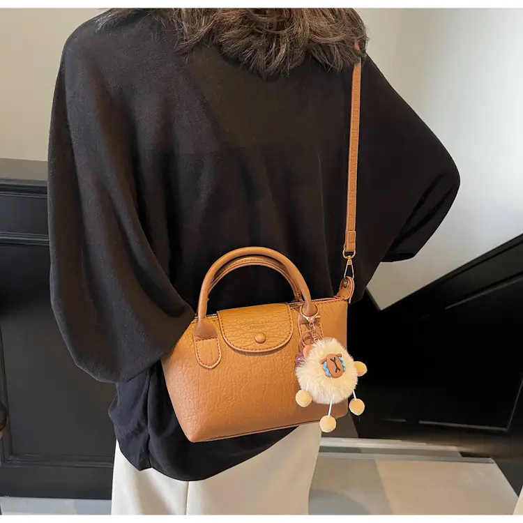 Brown Crossbody Bag with Faux Fur Pom Pom Charm — feature 16