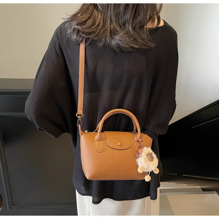 Brown Crossbody Bag with Faux Fur Pom Pom Charm — feature 17