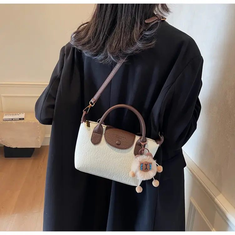 Brown Crossbody Bag with Faux Fur Pom Pom Charm — feature 18