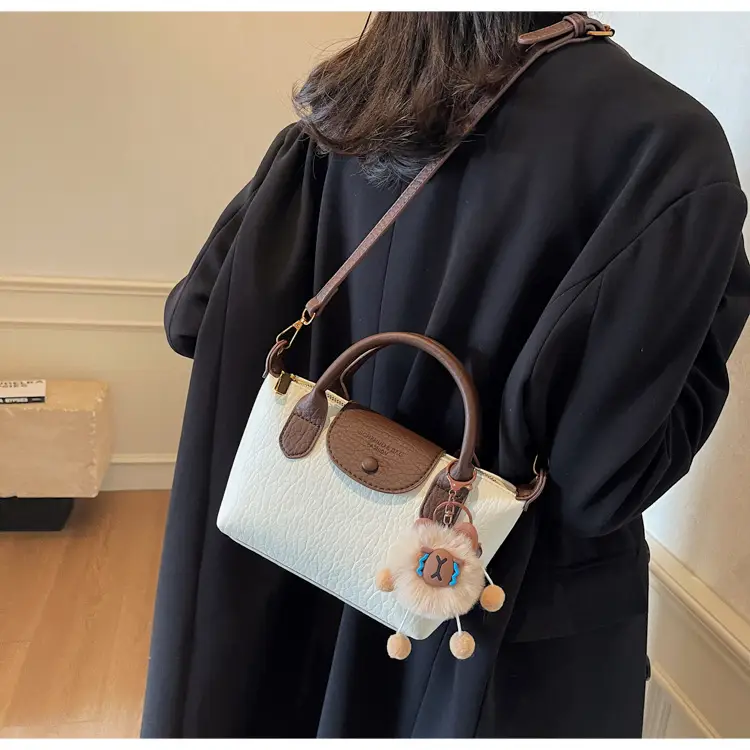 Brown Crossbody Bag with Faux Fur Pom Pom Charm — feature 19