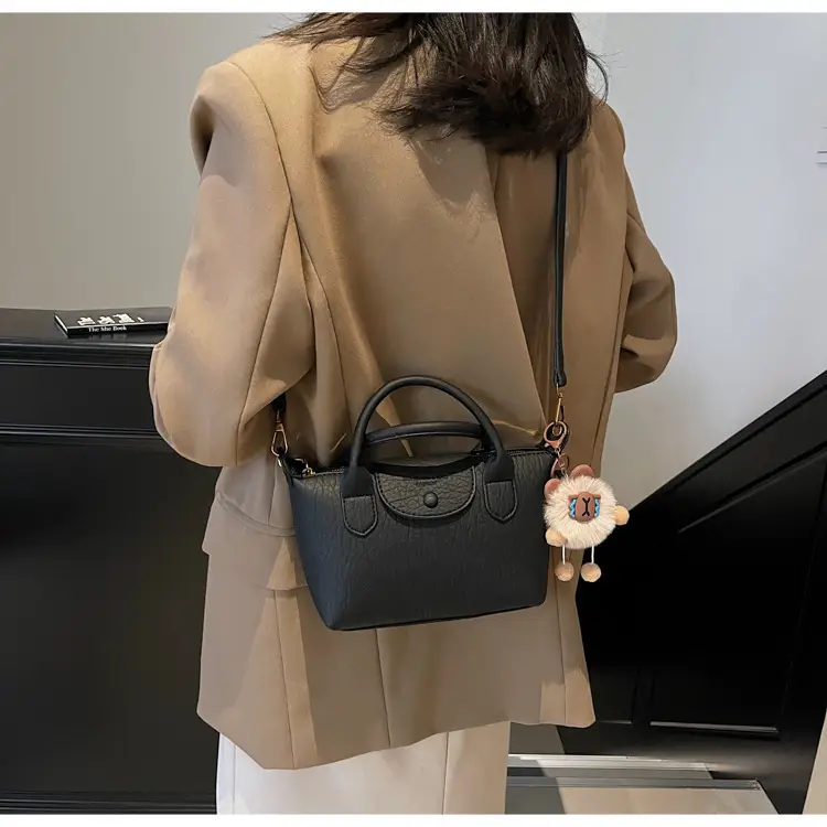 Brown Crossbody Bag with Faux Fur Pom Pom Charm — feature 22