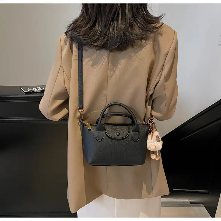 Brown Crossbody Bag with Faux Fur Pom Pom Charm — feature 23