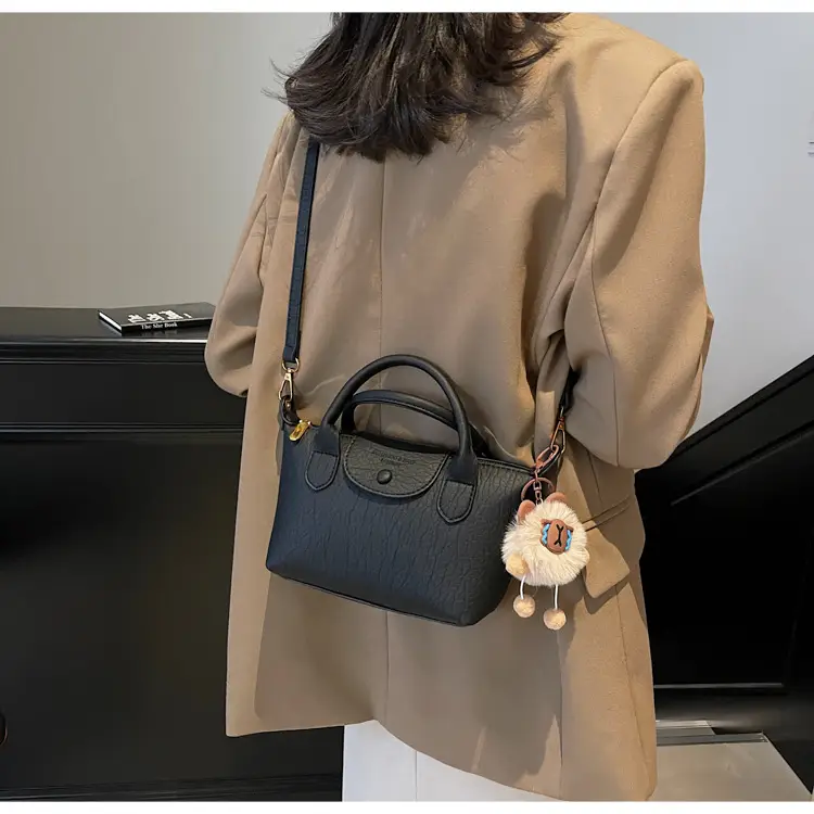 Brown Crossbody Bag with Faux Fur Pom Pom Charm — feature 24