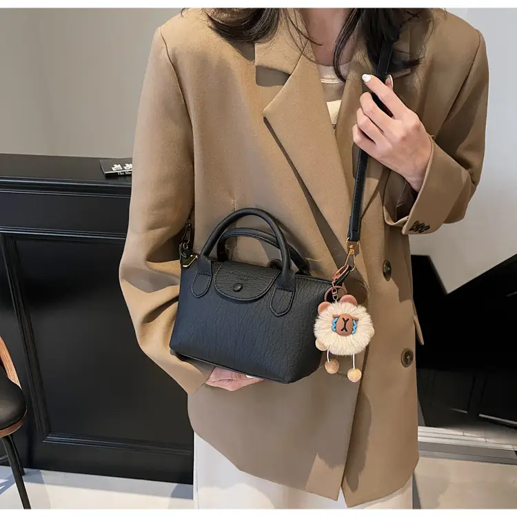 Brown Crossbody Bag with Faux Fur Pom Pom Charm — feature 25