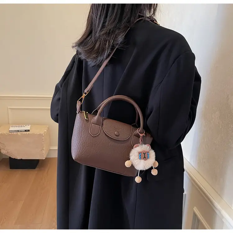 Brown Crossbody Bag with Faux Fur Pom Pom Charm — feature 26
