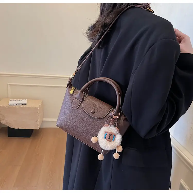 Brown Crossbody Bag with Faux Fur Pom Pom Charm — feature 27