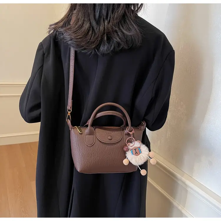Brown Crossbody Bag with Faux Fur Pom Pom Charm — feature 28