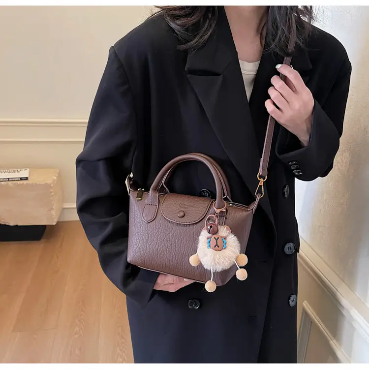 Brown Crossbody Bag with Faux Fur Pom Pom Charm — feature 29