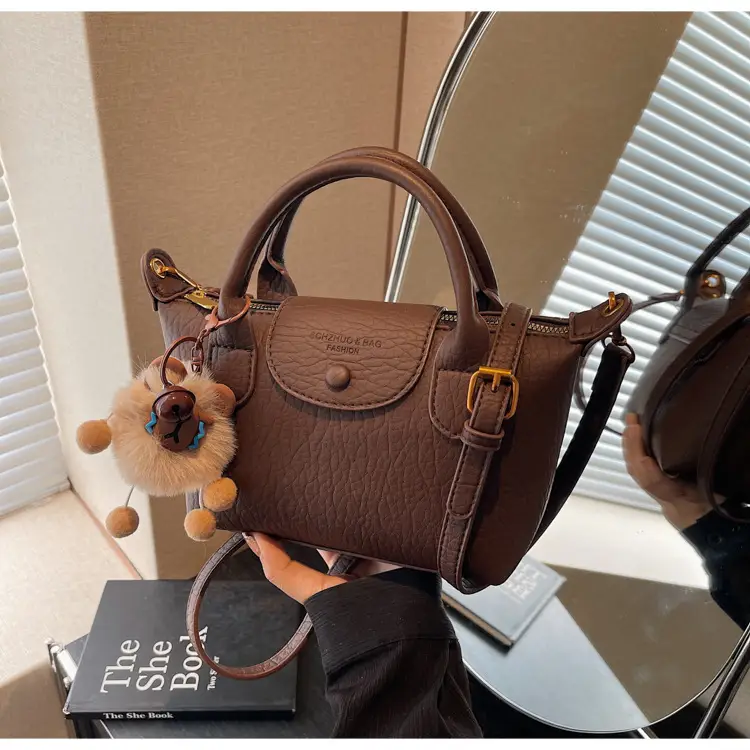 Brown Crossbody Bag with Faux Fur Pom Pom Charm — feature 30