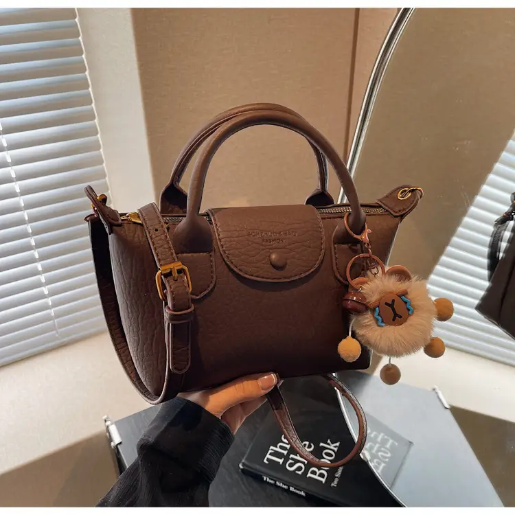 Brown Crossbody Bag with Faux Fur Pom Pom Charm — feature 31