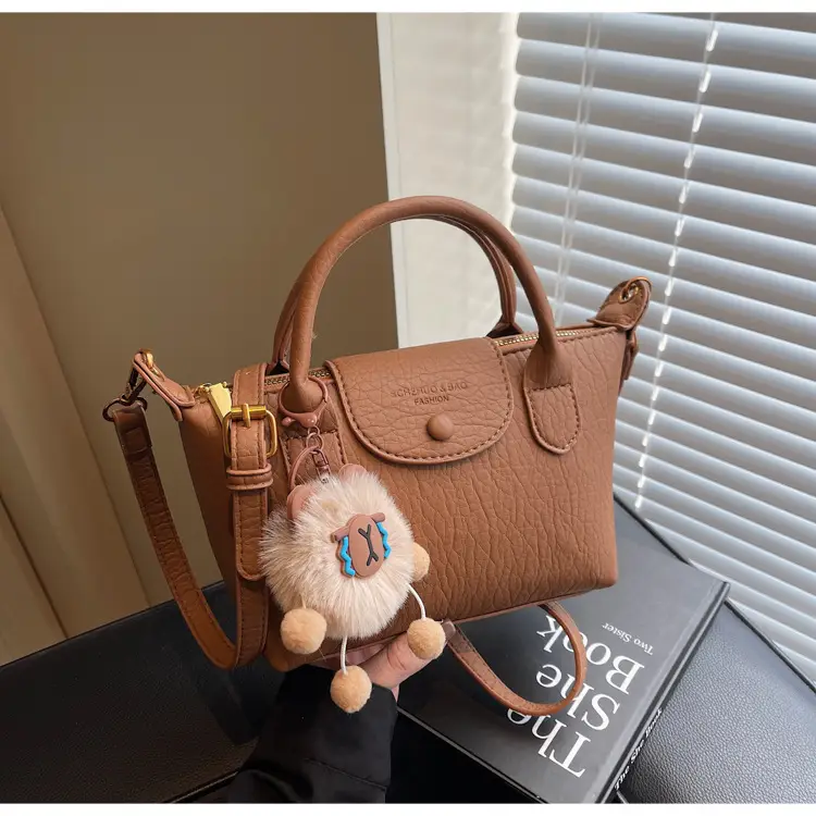 Brown Crossbody Bag with Faux Fur Pom Pom Charm — feature 32
