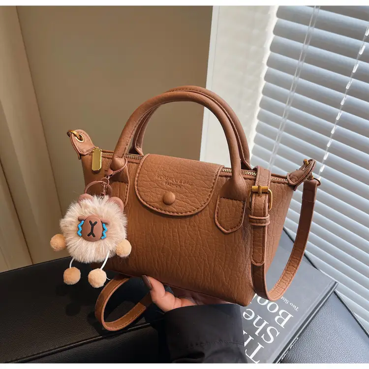 Brown Crossbody Bag with Faux Fur Pom Pom Charm — feature 33