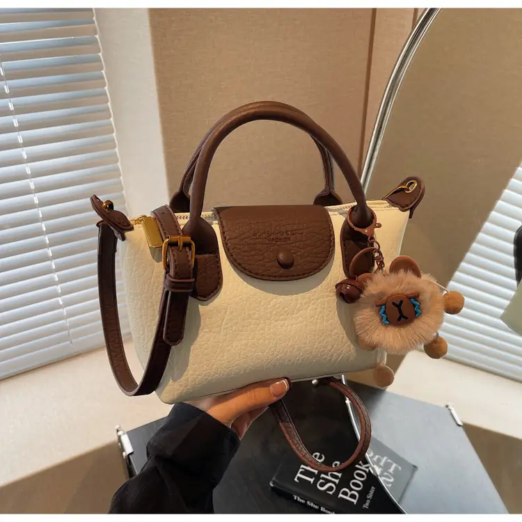 Brown Crossbody Bag with Faux Fur Pom Pom Charm — feature 34