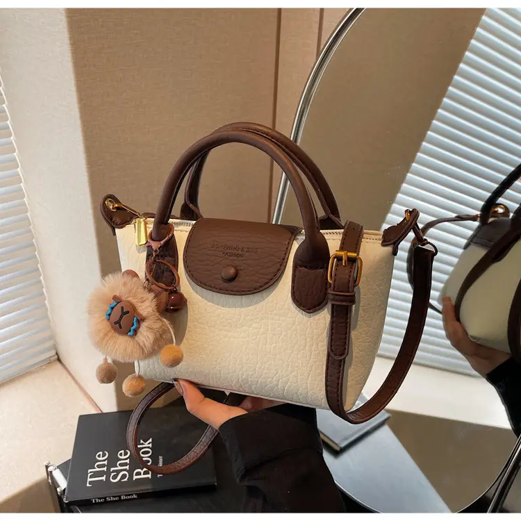 Brown Crossbody Bag with Faux Fur Pom Pom Charm — feature 35