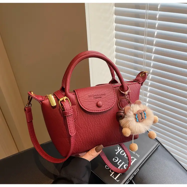 Brown Crossbody Bag with Faux Fur Pom Pom Charm — feature 36