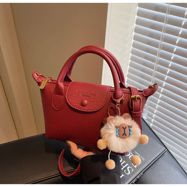 Brown Crossbody Bag with Faux Fur Pom Pom Charm — feature 37