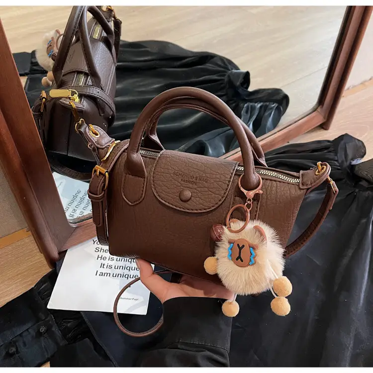 Brown Crossbody Bag with Faux Fur Pom Pom Charm — feature 38