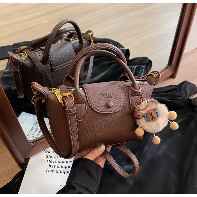 Brown Crossbody Bag with Faux Fur Pom Pom Charm — feature 39