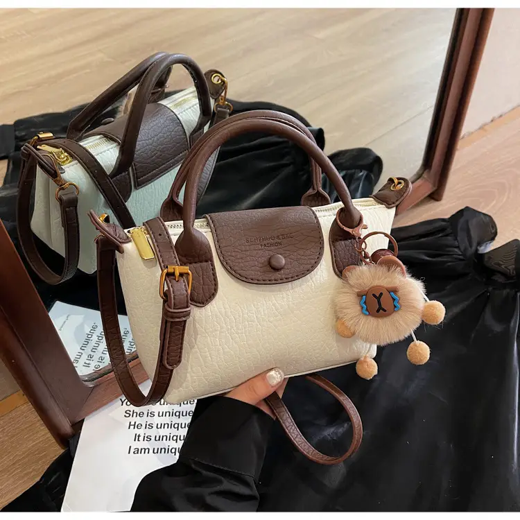 Brown Crossbody Bag with Faux Fur Pom Pom Charm — feature 41