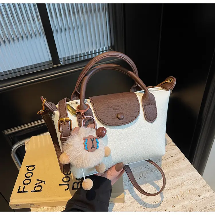 Brown Crossbody Bag with Faux Fur Pom Pom Charm — feature 42