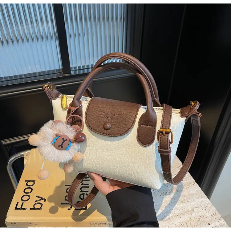 Brown Crossbody Bag with Faux Fur Pom Pom Charm — feature 43