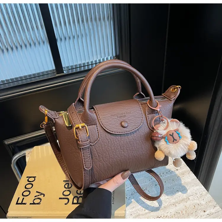 Brown Crossbody Bag with Faux Fur Pom Pom Charm — feature 44