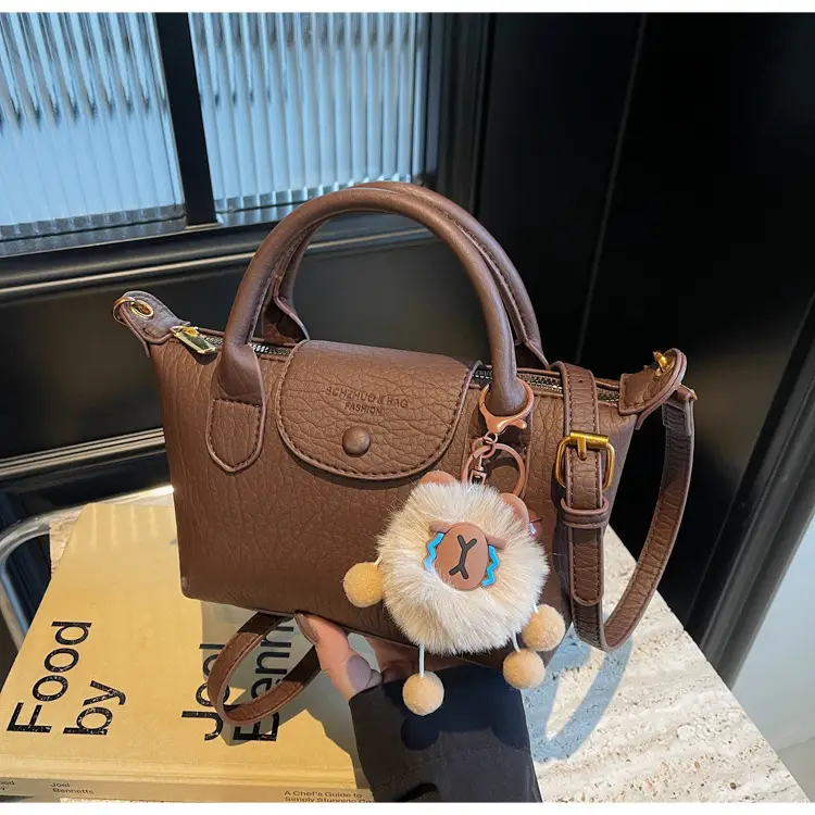 Brown Crossbody Bag with Faux Fur Pom Pom Charm — feature 45