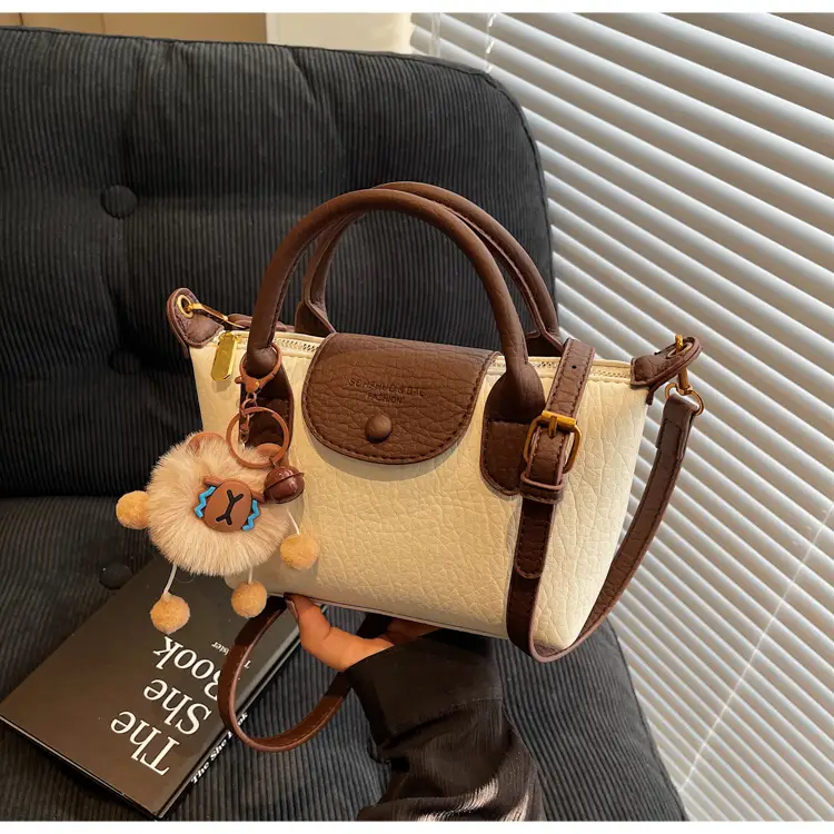 Brown Crossbody Bag with Faux Fur Pom Pom Charm — feature 46
