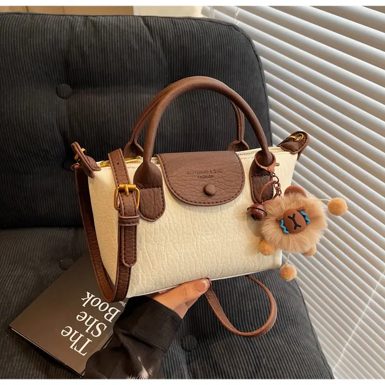 Brown Crossbody Bag with Faux Fur Pom Pom Charm — feature 47