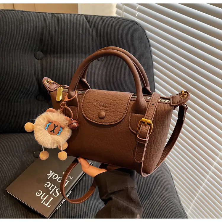 Brown Crossbody Bag with Faux Fur Pom Pom Charm — feature 48