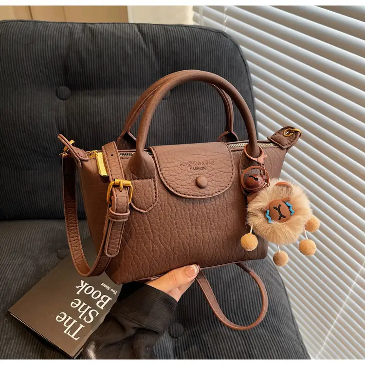 Brown Crossbody Bag with Faux Fur Pom Pom Charm — feature 49