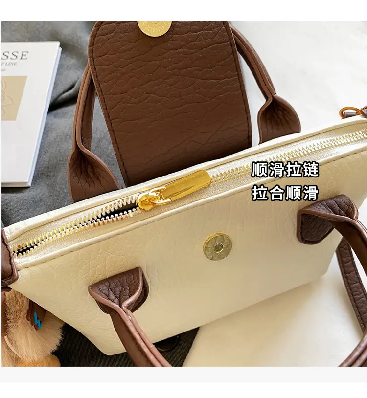 Brown Crossbody Bag with Faux Fur Pom Pom Charm — feature 5