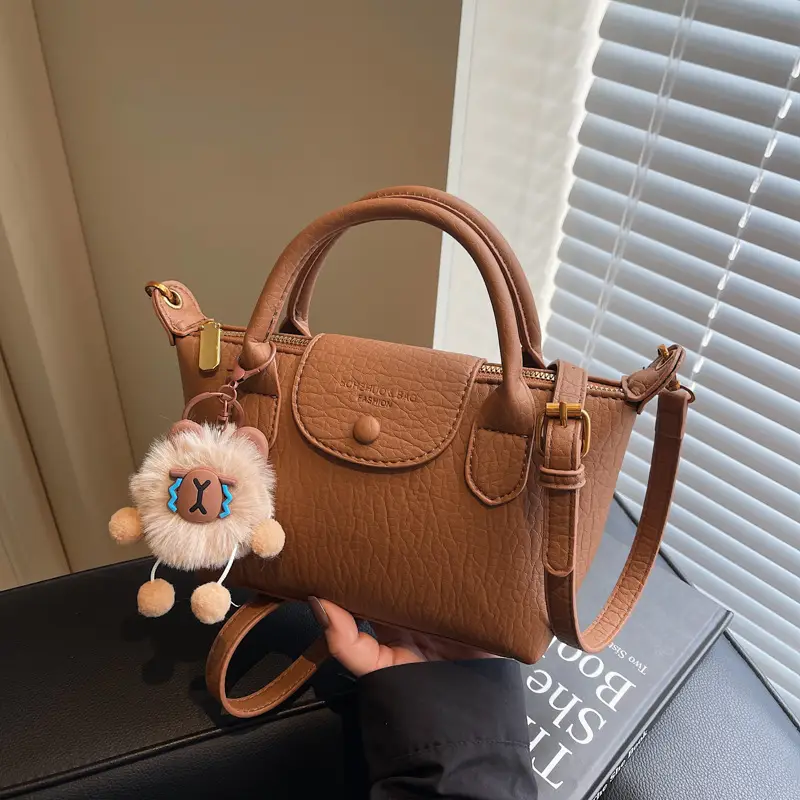 Brown Crossbody Bag with Faux Fur Pom Pom Charm