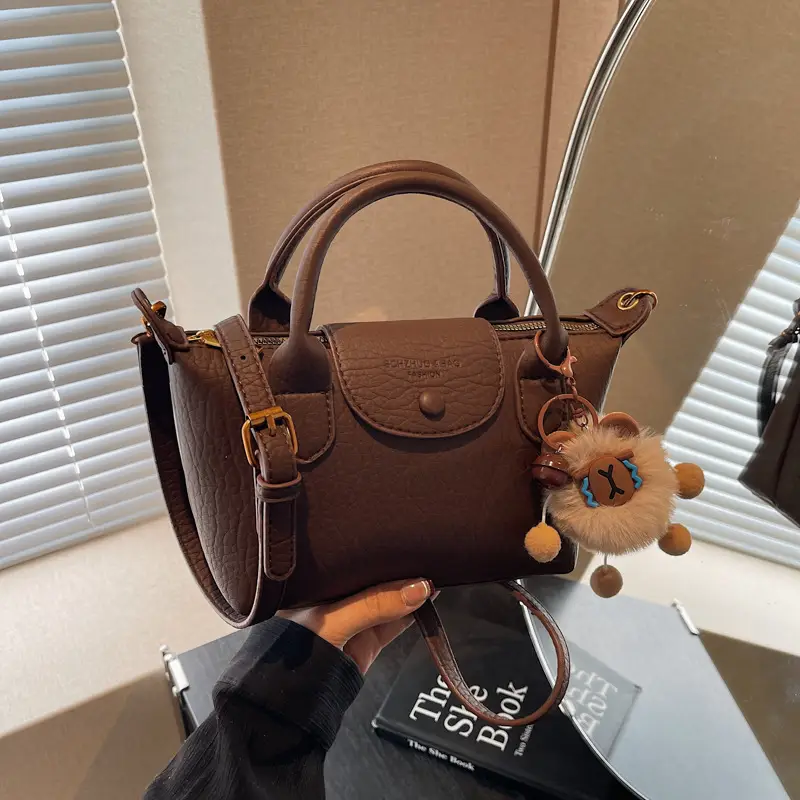 Brown Crossbody Bag with Faux Fur Pom Pom Charm