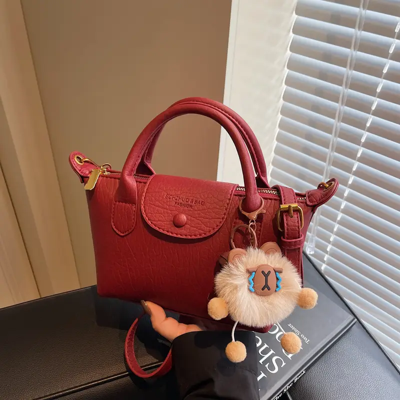 Brown Crossbody Bag with Faux Fur Pom Pom Charm