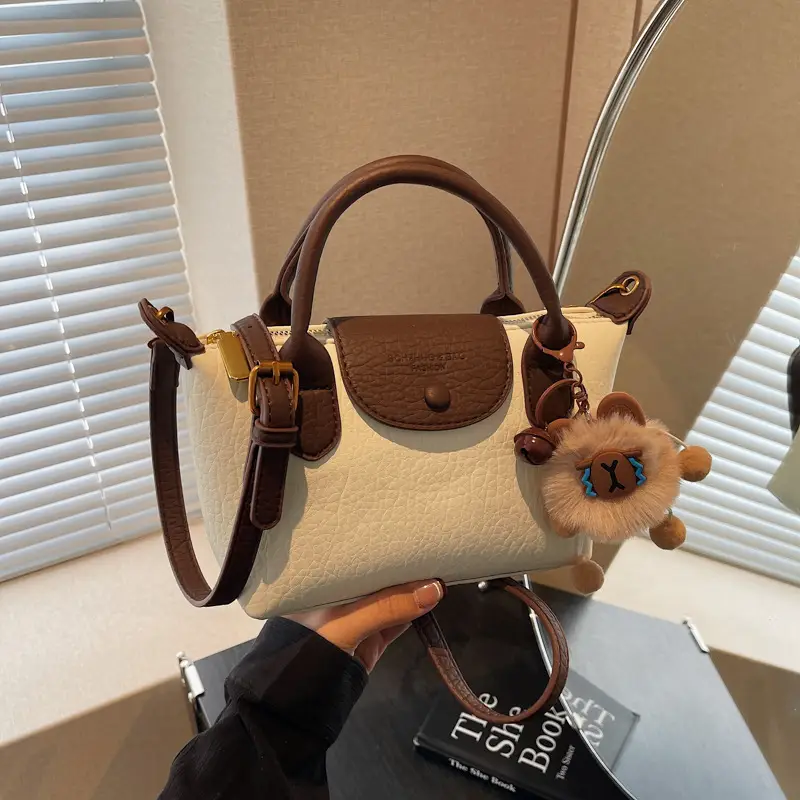 Brown Crossbody Bag with Faux Fur Pom Pom Charm