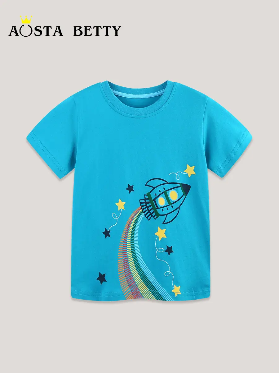 Boys T-Shirt Blue Rocket Print Knitted Cotton