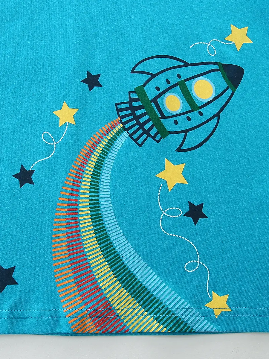 Boys T-Shirt Blue Rocket Print Knitted Cotton