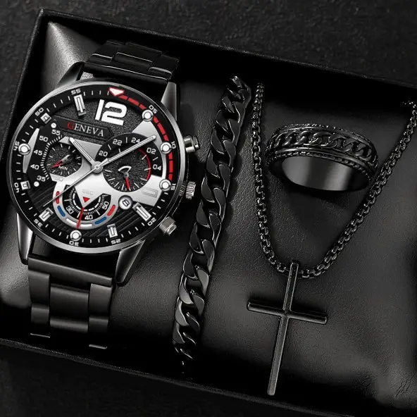Men's Quartz Watch with Cross Necklace & Bracelet Set