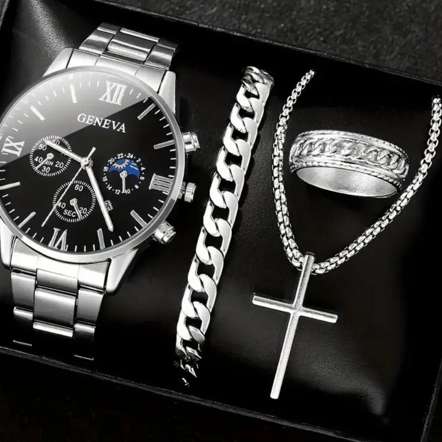 Men's Quartz Watch with Cross Necklace & Bracelet Set
