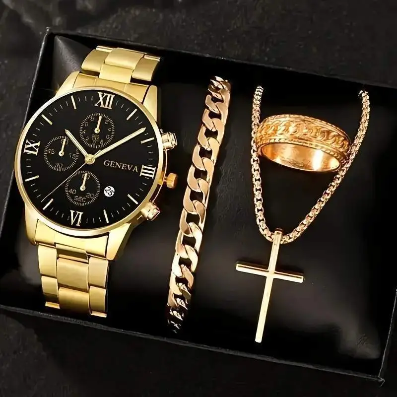Men's Quartz Watch with Cross Necklace & Bracelet Set