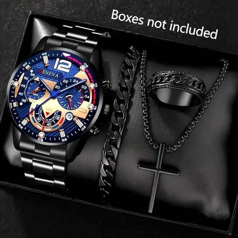 Men's Quartz Watch with Cross Necklace & Bracelet Set