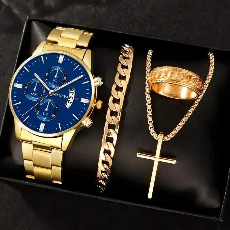 Men's Quartz Watch with Cross Necklace & Bracelet Set