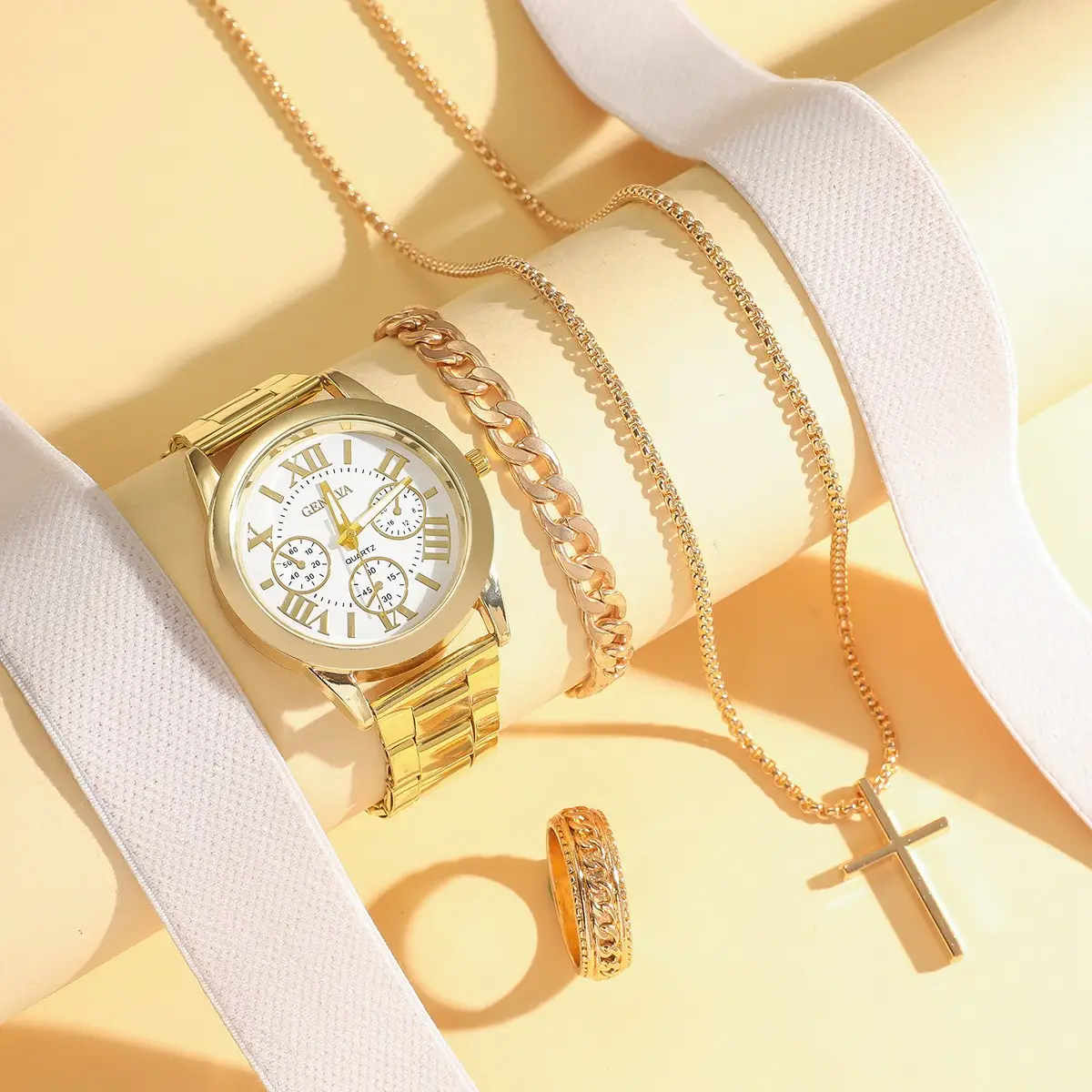 Men's Quartz Watch with Cross Necklace & Bracelet Set
