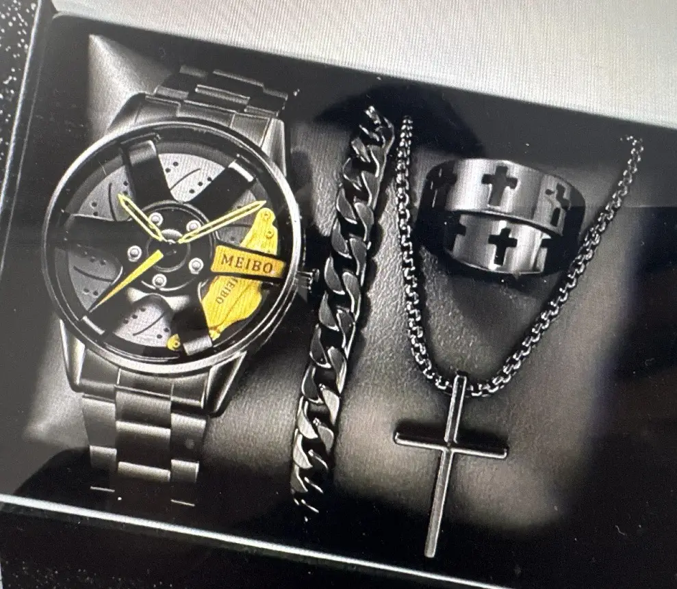 Men's Quartz Watch with Cross Necklace & Bracelet Set