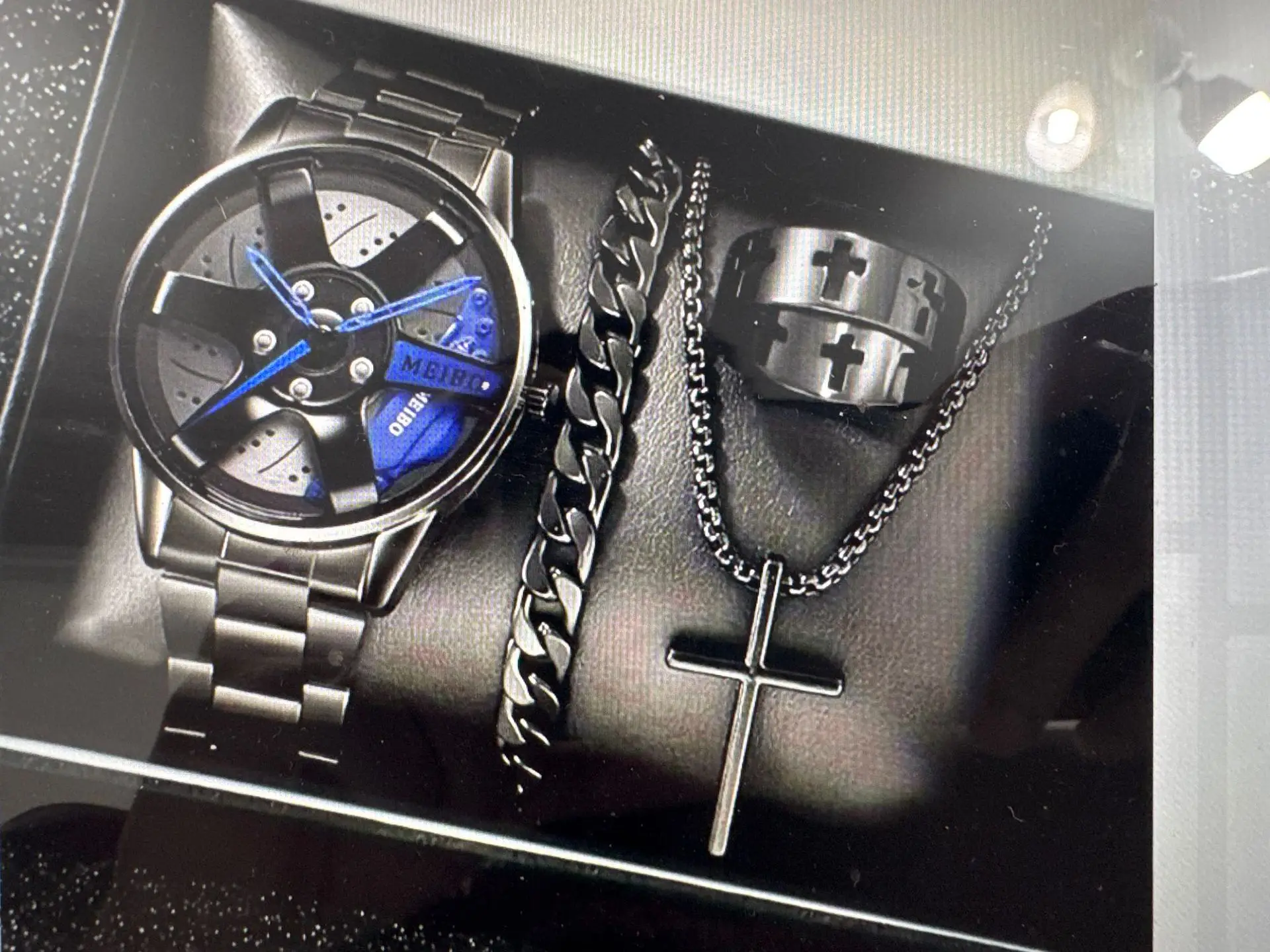 Men's Quartz Watch with Cross Necklace & Bracelet Set
