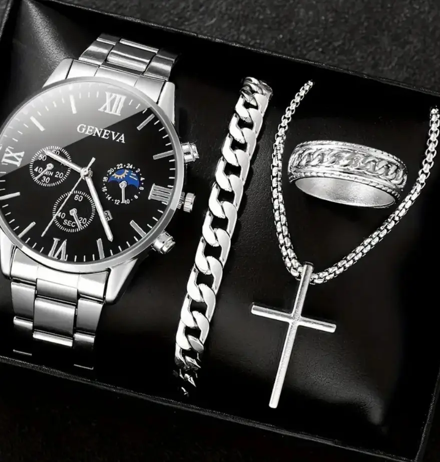 Men's Quartz Watch with Cross Necklace & Bracelet Set