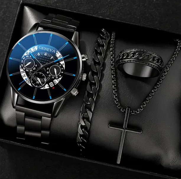 Men's Quartz Watch with Cross Necklace & Bracelet Set