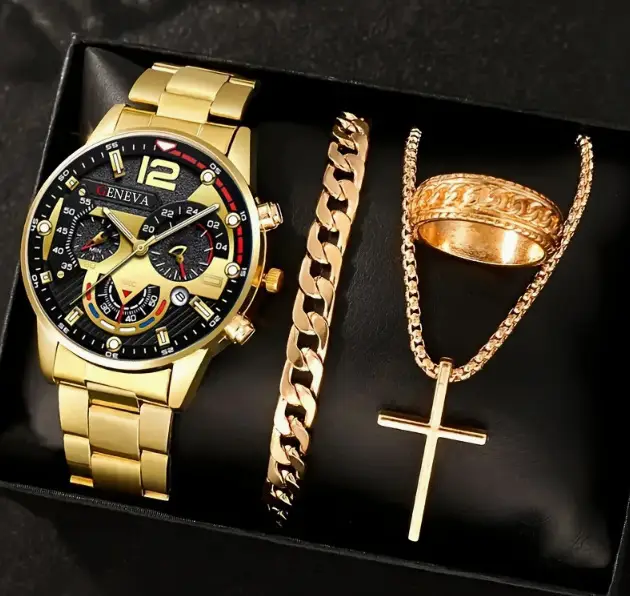 Men's Quartz Watch with Cross Necklace & Bracelet Set